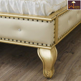 Golden Queen Size Teak Wood Bed Heavy Carved with Cushioned Design - WoodenTwist
